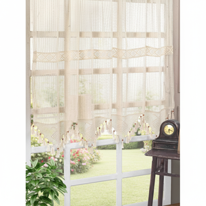 Cortina de Tul con Borlas de Encaje y Listón a Rayas Auténticas - Cortinas y Cenefas Elegantes y Modernas para el Hogar en Varios Tamaños y Colores - Product Image 3
