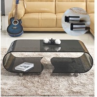 Table basse moderne en verre roulant avec étagère de rangement, table centrale en verre trempé courbé pour salon, appartement, maison