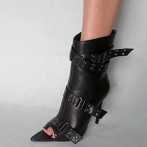 Bottes courtes sexy pour femme à talons aiguilles, grande taille 44, sandales d'été à bout ouvert, avec boucles de ceinture - Product Image 6