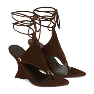 Sandalias de tacón de cuña personalizadas de moda para mujer, con punta en pico, con correa de encaje, sandalias de tacón alto de gamuza - Product Image 2
