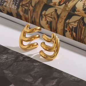 Geometric Wave <b>Stud</b> <b>Earrings</b> 18K Gold Stainless Steel Three Layer Irregular Design Fashion Jewelry - Product Image 3
