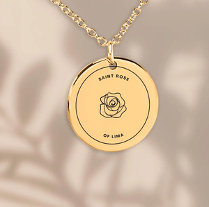 Collier en acier inoxydable avec pendentif religieux Sainte Rose de Lima gravé, délicat, plaqué or 18 carats, inaltérable - Product Image 1