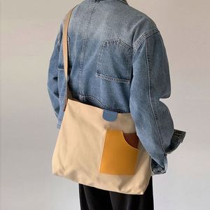 Women's Cotton Canvas Crossbody Tote Bag Long Large Capacity Contrast Color Splicing Daily Use <b>Shoulder</b> <b>Sling</b> Shopping - Product Image 2