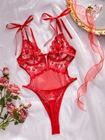 2024 body à fleurs sans couture Sexy voir à travers des sous-vêtements profond V ouvert entrejambe Sissy exotique rouge Lingerie