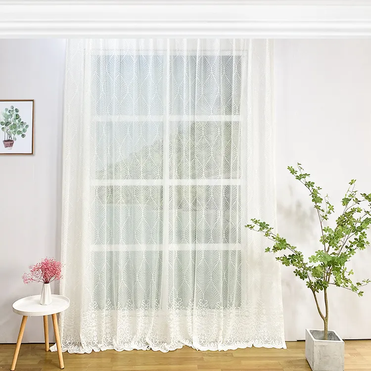 AC-17 Elegant Lace Curtain Embroidered Hollow Out Transparent Ivory Sheer Curtains Manufacture Custom Living Room Hotel Cafe Cur