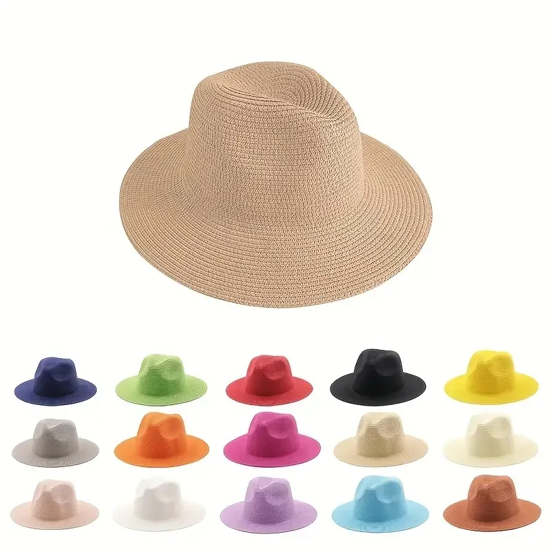 Topi matahari jerami pantai musim panas warna permen topi Fedora lebar sejuk Vintage