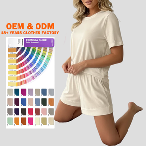 Conjunto de 2 Piezas de Ropa Informal para Mujer, Camiseta de Algodón Sólida por Encima de la Rodilla y Pantalones Cortos, con Logotipo Personalizado al por Mayor, Transpirable, para Verano - Product Image 1