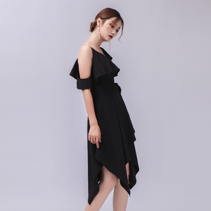 Nueva tendencia ropa elegante de las mujeres vestido Sexy sin mangas negro volantes asimétrica vestido fiesta vestido de mujer - Product Image 3