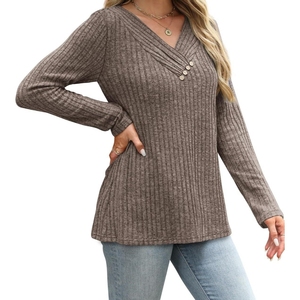 Camisa de Manga Larga para Mujer, Cuello en V, Suéter con Botones, a la Moda - Product Image 4