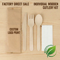 Ensemble de couverts jetables en bois emballés individuellement, couteau, fourchette, cuillère, cuillères à dessert pour crème glacée avec logo imprimé