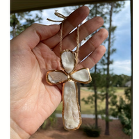 2 pièces de décorations suspendues de Noël en coquilles d'huîtres naturelles de 3 pouces avec ornements en forme de croix, cadeau de mariage sur le thème de la plage côtière
