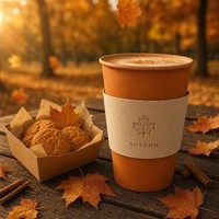 Gobelets à café en papier saisonniers d'automne avec manchons en kraft à motif d'érable pour la merchandising de boulangeries et cafés à thème automnal