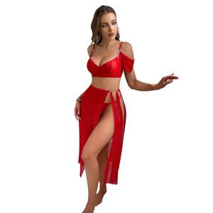Conjunto de lencería sexy para mujer, vestido largo de malla con hombros descubiertos y abertura alta, transpirable - Product Image 5