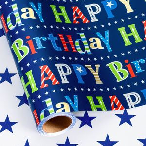 Papier d'emballage original bleu foncé enduit d'aluminium de 5 mètres pour anniversaire - Product Image 1