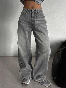 <span class=keywords><strong>Jeans</strong></span> a <span class=keywords><strong>Gamba</strong></span> <span class=keywords><strong>Larga</strong></span> in Spandex/Poliestere Grigio Fumo Lavato Stile Americano Retrò da Donna, Versatili a Vita Alta, Vestibilità Ampia, Asciugatura Rapida - Product Image 2