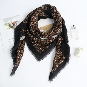 2022 New Custom 130CM Soft Cotton scarf hijab Square cotton Women Black Geometric Pattern Head shawl Square Bandanas