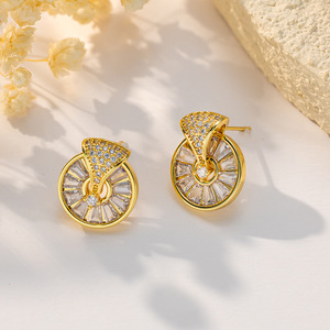 Geometric Zircon <b>Stud</b> <b>Earrings</b> Gold Round <b>Crystal</b> Inlay Claw Setting For Women Anniversary Jewelry EDB 007 - Product Image 3