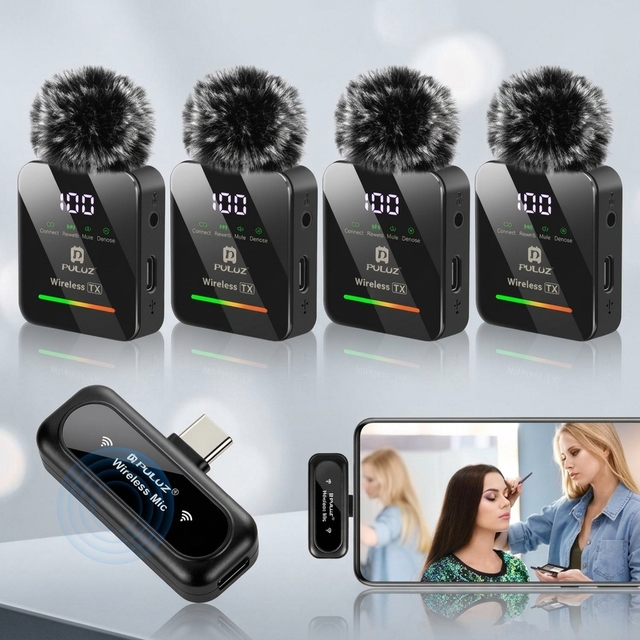 PULUZ 4-Pack Wireless Lavalier Microphones with Type-C Receiver for Android Phones, Noise Reduction