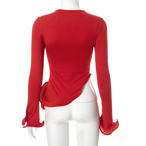 En promotion : Blouse décontractée asymétrique à manches longues évasées et col rond avec volants pour femme – Tendance - Product Image 5
