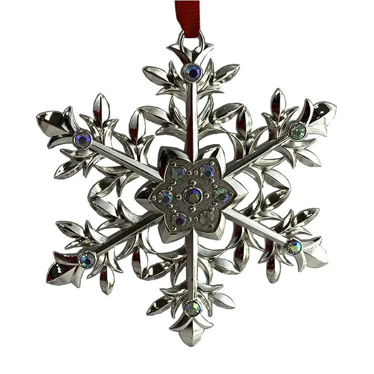 Hanging Christmas Tree Decorations with Red Ribbon  Silver Snowflake Ornaments Christmas Winter Metal Snowflake Ornaments