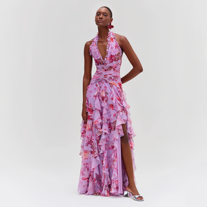 Elegante cuello Halter Floral Ruffle Maxi vestido sin mangas de flores sin espalda Slit Beach Holiday Party vestido largo ropa de mujer - Product Image 2