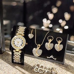 Women's Classic <strong>Gold</strong>-Plated Quartz <strong>Watch</strong> Jewelry <strong>Set</strong> Necklace Ring Earrings with Rhinestone Zircon for Wedding Party Gift - Product Image 3