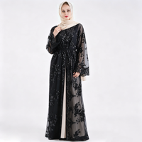 Robe noire pour femme, col rond, à sequins brodés, motif pivoine, avec cardigan ouvert, ceinture à pompons, patchwork en maille et volants, style bureau et quotidien, modeste