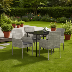 Set da Pranzo da Giardino in Rattan Grigio per 4 Persone, Struttura in Metallo, Resistente alle Intemperie, Design Contemporaneo - Product Image 2