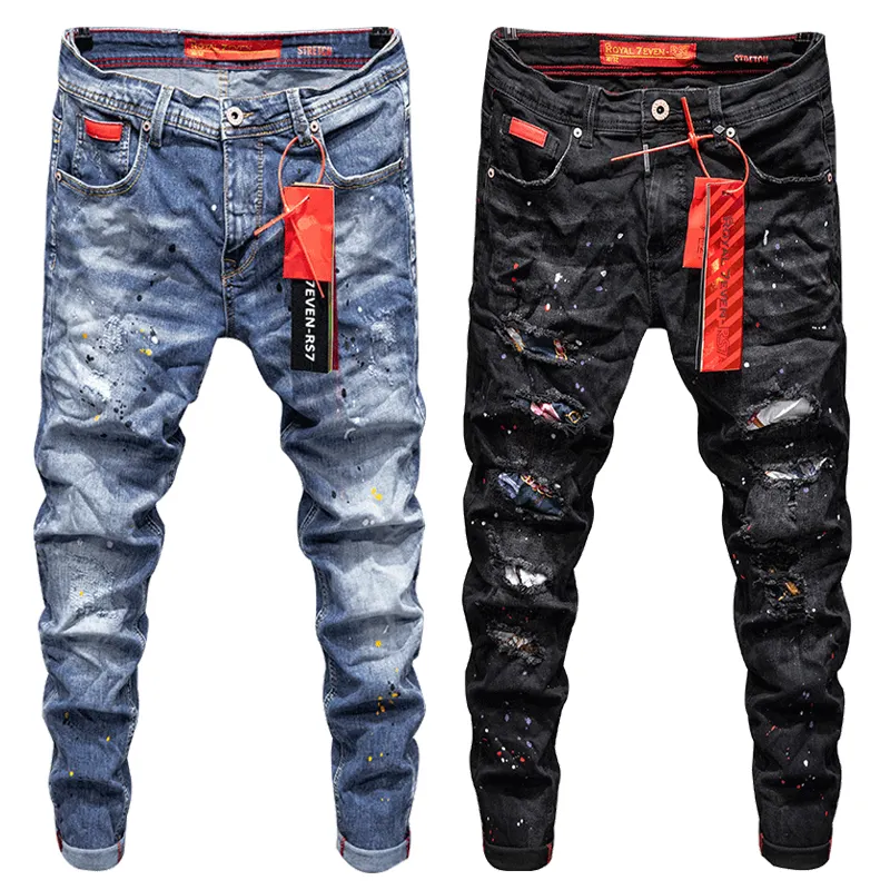 New style personality ripped jeans men's male Korean style trendy fashion paint dot splash ink design slim print pants trousers