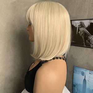Peluca Bob Larga y Lisa de Color Rubio de Alta Calidad al por Mayor <span class=keywords><strong>para</strong></span> Mujer, Sintética, Resistente al Calor, con Flequillo y Red de Malla Rosa - Product Image 3