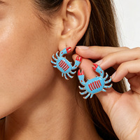 Pendientes de púas con diseño de cangrejo estilo vacaciones de verano europeo-americano transfronterizo, con efecto de goteo de aceite, de dibujos animados, rojos y blancos, marinos