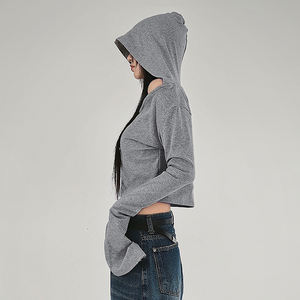 Sudadera con hombros descubiertos estilo wasteland, ambiente relajado, top corto de manga larga, color liso, minimalista, sexy, estilo urbano, camiseta de otoño - Product Image 3