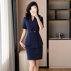 Women's Summer Suit Set Short Sleeve Midi Skirt Formal Work Wear Slim Fit Anti-Wrinkle Worsted Fabric - Product Image 1