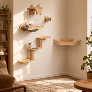 Juego de estantes de pared para gatos de madera natural, estante en forma de estrella, poste rascador de sisal, hamaca de tela, escalones de tela, muebles de pared para gatos - Product Image 5