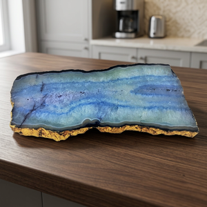 Plateau en pierre d'agate bleue avec bordure plaquée or, fait main, Feng Shui, cadeau d'affaires, plateau de service - Product Image 2