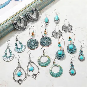 New Fashion Vintage Bohemian Coeruleolactite Stone Jewelry Earring Rhodium Plated Inlaid Turquoise Pendant