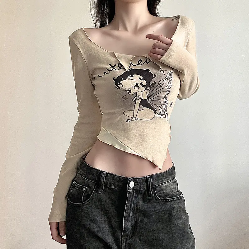 2023 new fashion y2k irregular cutout street cartoon printed long-sleeved t-shirt women