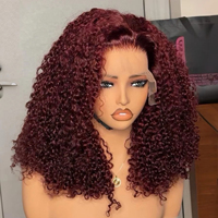 Perruque sans colle pré-plumée avec nœuds décolorés, coupe courte bob Jerry Curly, couleur rouge bordeaux 99J, perruque frontale complète HD 13x4 en dentelle