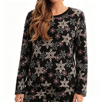 Ensemble pyjama d'hiver pour femme, imprimé flocons de neige, haut à manches longues et col rond, pantalon large, vêtements de nuit en tricot doux, tenue décontractée pour la maison
