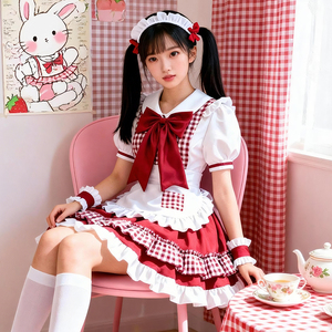 Robe de demoiselle d'honneur à carreaux rouge et blanc, costume de cosplay pour princesse, style japonais vintage, gothique lolita, kigami pour les occasions d'anime - Product Image 1