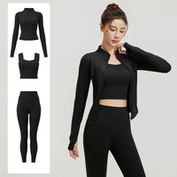 Ensemble 3 pièces de vêtements de sport pour femme, motif écossais, effet seconde peau, séchage rapide, avec veste zippée à taille haute et design avant sur la taille
