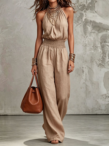 Summer Loose Solid Breathable Embroidered Sexy Sleeveless Backless Waist-Tie Halter Neck Wide-Leg Jumpsuit For Women
