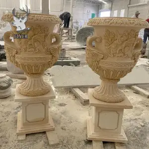 Vaso de pedra esculpido em tamanho grande para plantas, vaso de jardim em mármore, design moderno por atacado