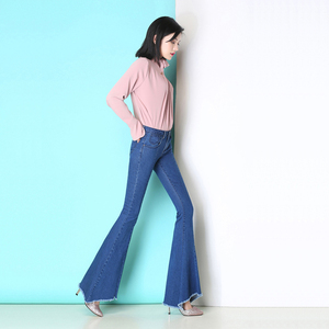 Vaqueros ceñidos de cintura alta para mujer, Vaqueros súper acampanados elásticos, de talla grande, color azul y negro, elegantes, para Otoño e Invierno - Product Image 5