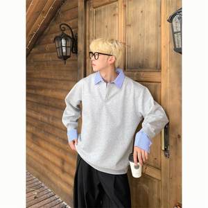 Sweat-shirt à col rabattu à manches longues en patchwork bicolore pour homme et femme, style couple ample pour l'automne - Product Image 2