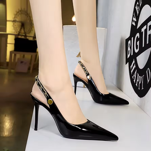 Elegant Formal Pointed Toe High Heel Sandals Summer Slip-On Hollow Metal Chain Back Strap Women <b>Shoes</b> Fashion Trend Party Pumps - Product Image 4