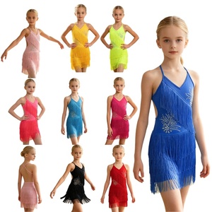 Vestidos de baile latino con flecos de pedrería para niñas, con volantes, borlas y espalda cruzada, disfraz de competición personalizado - Product Image 1