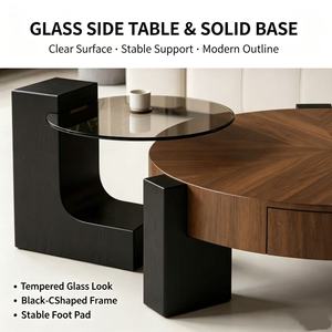 Modern Nesting Coffee <b>Table</b> Set Round Walnut Color Wood Top with Storage Drawer <b>Glass</b> <b>Side</b> for Living Room - Product Image 3