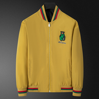 Veste de baseball côtelée rayée noire, rouge et verte pour homme avec broderie d'ours, fermeture éclair, coupe-vent léger, style décontracté urbain