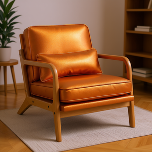 Poltrona Moderna in Quercia con Braccioli, Cuscino in Tessuto Arancione, per Soggiorno, Camera da Letto, Ufficio, Lettura - Product Image 2